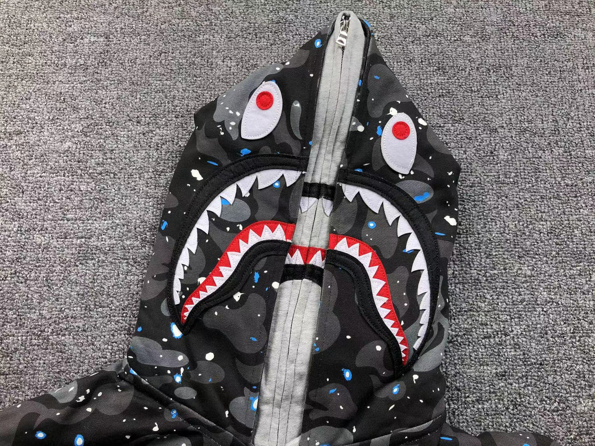 BAPE SPACE CAMO DOUBLE SHARK FULL ZIP HOODIE BLACK