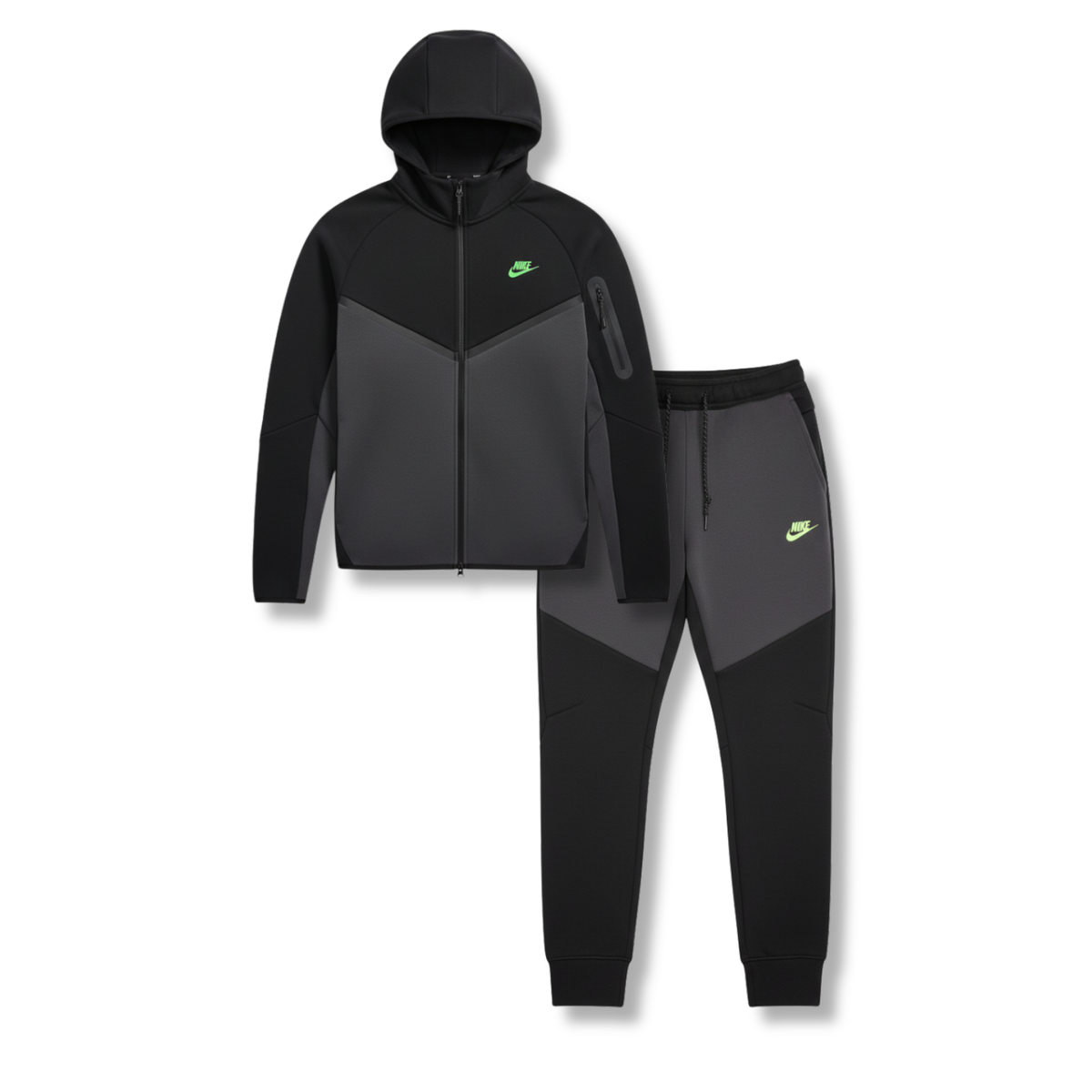 Nike Tech Fleece Full Zip Hoodie & Joggers Set Black/Anthracite/Green Strike 2025